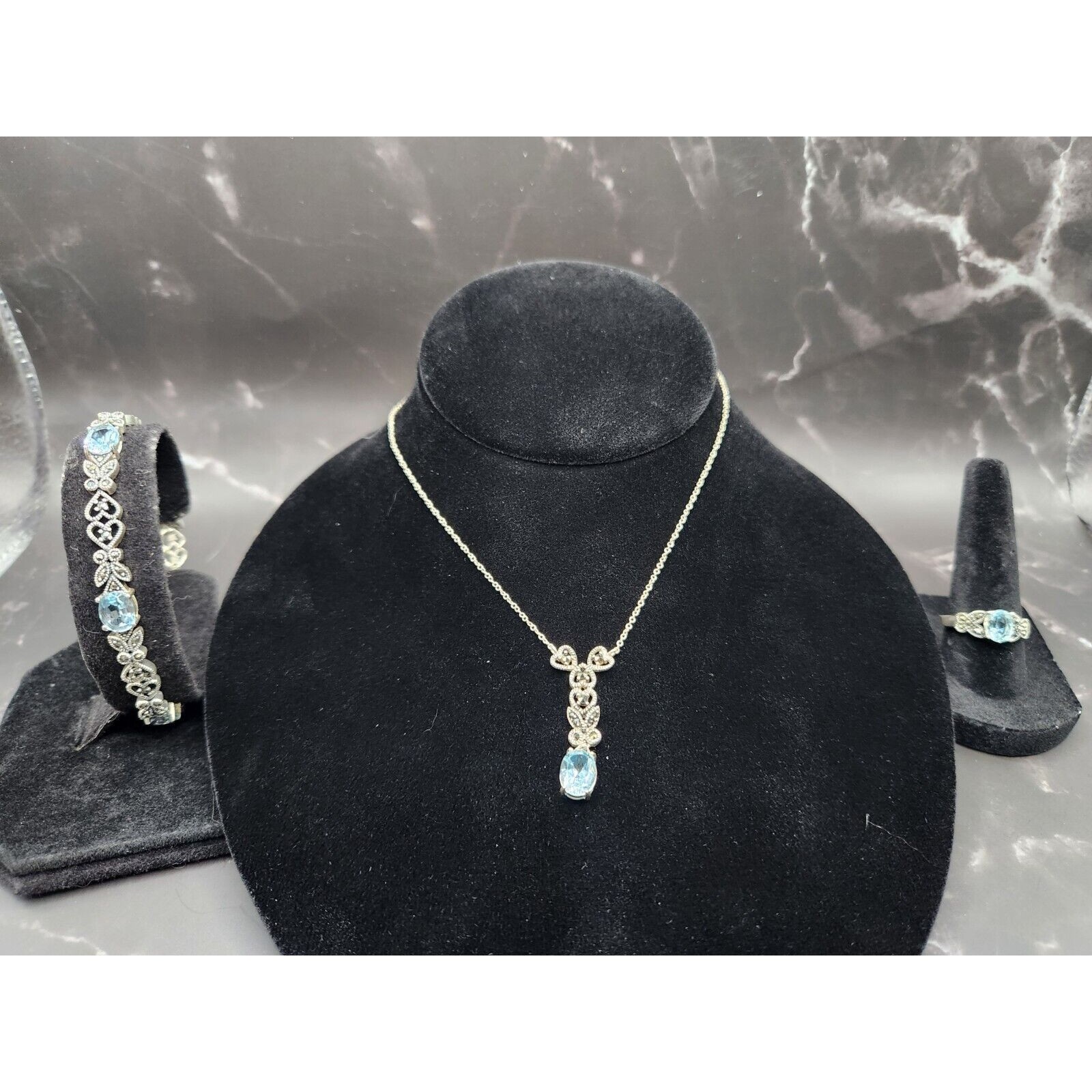 Aquamarine Stone Color Set In Sterling Silver Heart And Butterfly Jewelry Set
